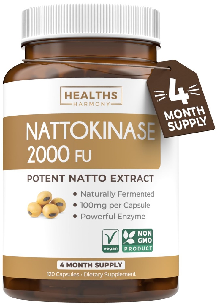 Helse Harmony Nattokinase 2000 FU (Non-GMO) Kraftig Nattokinase Supplement laget av naturlig fermenterte soyabønner - (4 måneders forsyning) 120 Vegan Natto Kapsler