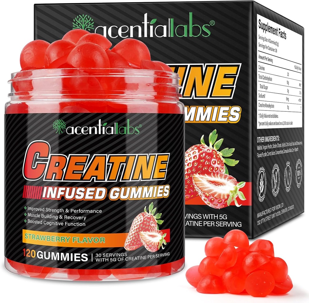 Kreatin Monahydrat Gummier for menn kvinner muskelvekst, sukker gratis - Forbedre styrke og ytelse, bulk kosttilskudd kreatin - Pre Workout Gummies- 120 stk