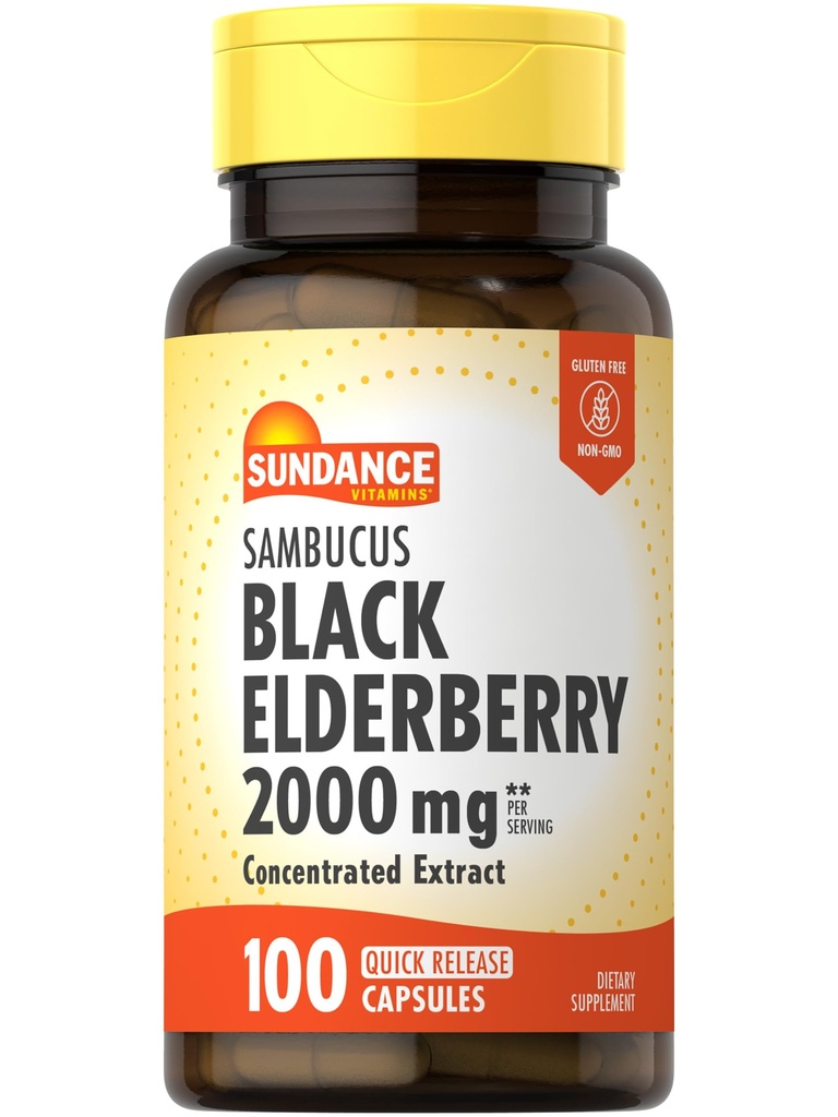 Sundance Sambucus Svart Elderbær Kapsler | 2000mg | 100 greve | Ikke-GMO og Glutenfri Supplement