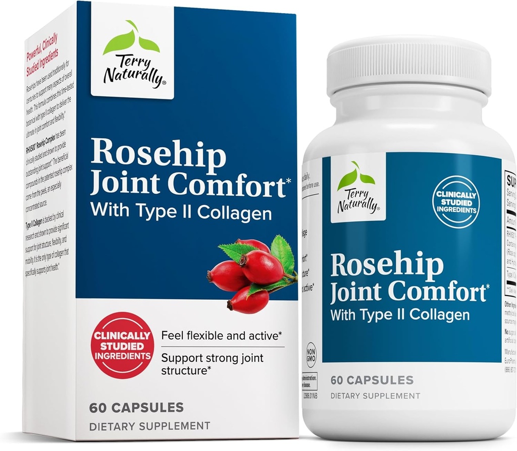 Terry Naturally Rosehip Joint Comfort - Sunn Joint Mobility & Flexibility Support Supplement - Supplement med type II kollagen - Joint struktur & Cartilage Supplement - 60 kapsler