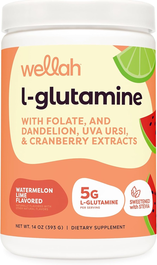 Wellah L-Glutamin pulver vannmelon Lime (50 serveringer) - 5g L-Glutamin Per Serving, Søt med Stevia