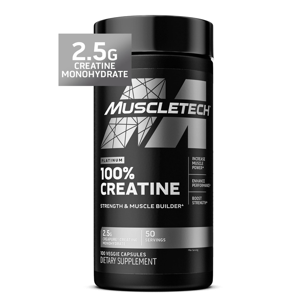 MuscleTech Platinum Creatine Monohydrate Kapsler - Kreapure Kreatine Pre & Post Trening Muscle Builder, Muscle Recovery & Energi Boosting Supplement for menn & kvinner - 100 Veggie Piller