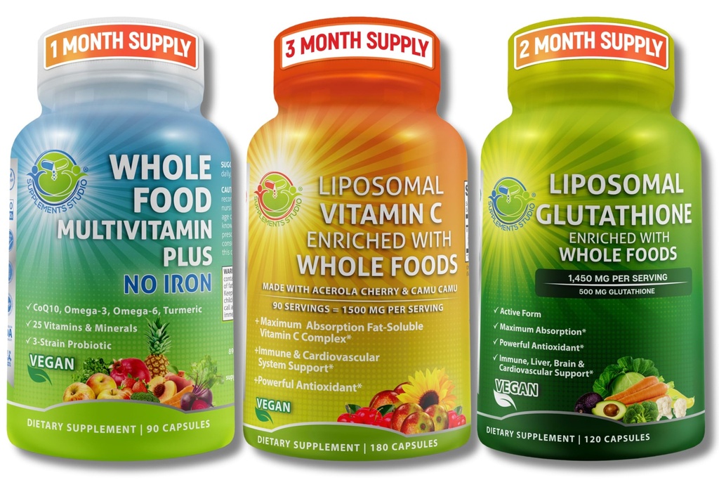 Immun & Daglig wellness støtte Bundle for kvinner og menn – Liposomal Vitamin C 1500mg + Vegansk hele mat Multivitamin Ingen jern + Liposomal Glutation 500mg – Vegansk, ikke-GMO, ren daglig velvære støtte