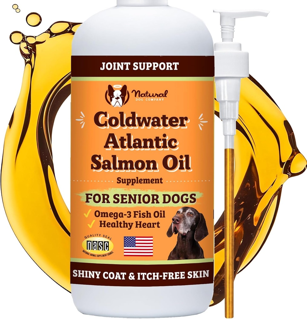 Naturlig Hundeselskap Coldwater Atlantic Salmon Oil for hunder (16oz) - Senior Dog Fish Oil Supplement med Omega 3, lett å digest for eldre hund fisk olje, flytende hund fisk olje felles støtte supplement