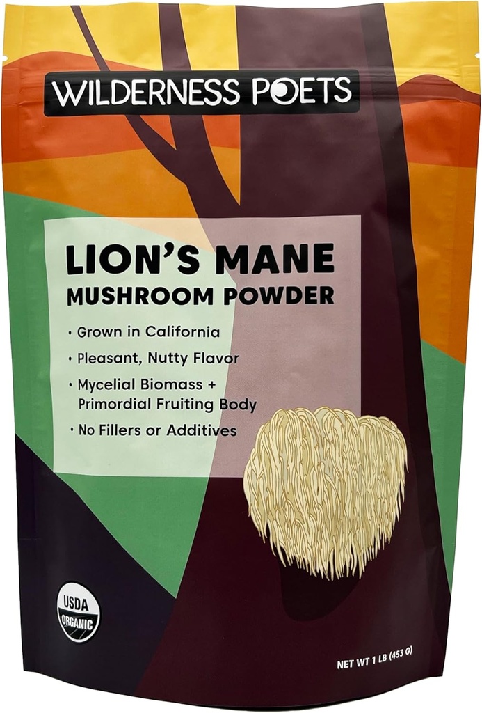 Wilderness Poets, Organic Lions Mane Mushroom Powder - California voksende - bulk størrelse (16 Ounce - 1 pund)