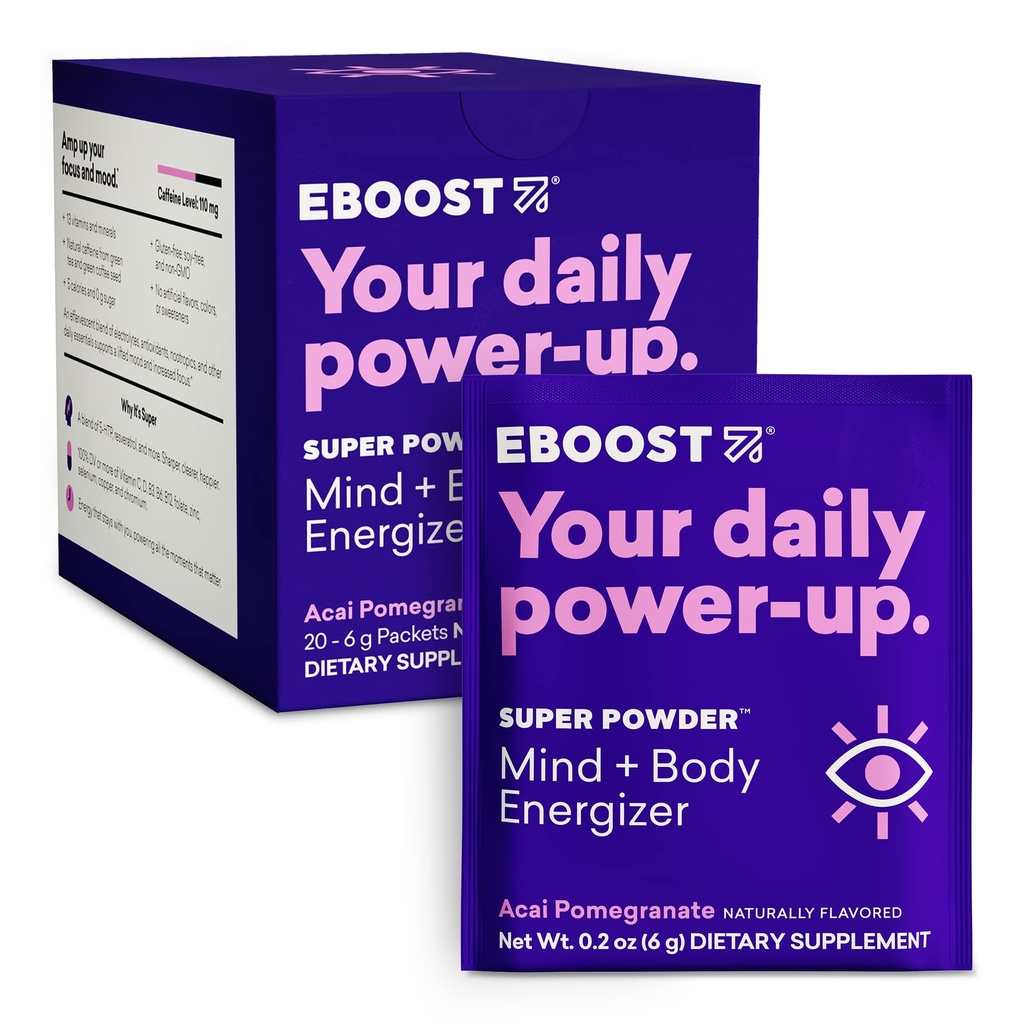 EBOOST Super Energy Powder Drink Mix, ikke-GMO Electrolyte Supplement lastet med vitaminer (Acai Pomegranat), 0,2 Ounce (pakke på 20)