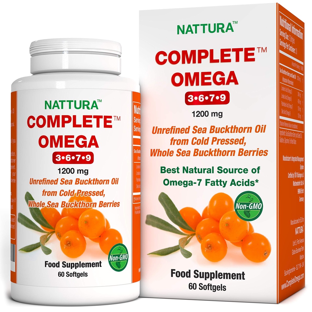 Nattura Complete Omega 3-6-7-9, Pure Sea Buckthorn Oil, europeisk kvalitet, fra ubegrenset, kaldt presset hele havet Buckthorn Wild Berries - 1200 mg - 2 flasker