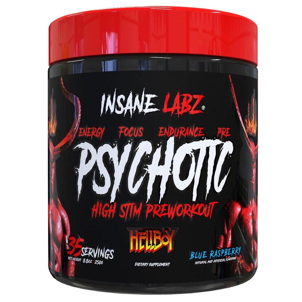 Insane Labz Hellboy Edition, høy stimulant pre trening pulver og ingen booster med Beta Alanine, L Citrulline, og koffein, økt fokus, energi, utholdenhet, nitric oksidnivå, 35 Srvgs, Blå Rasp