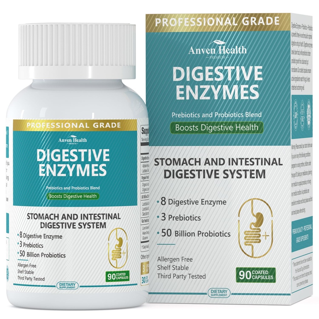 800 mg Digestive enzymer for menn og kvinner med probiotika og organiske prebiotika, 8 nøkkelenzymer, Protease, Amylase & lipase for bloating, gass lindring, ikke-GMO | 90 kapsler