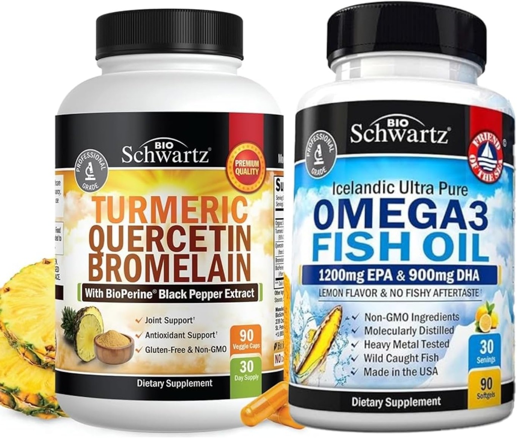 Turmerisk Quercetin med Bromelain Supplement (1 måned forsyning) Plus trippel styrke Omega 3 Fish Oil Softgels (1 måned forsyning)