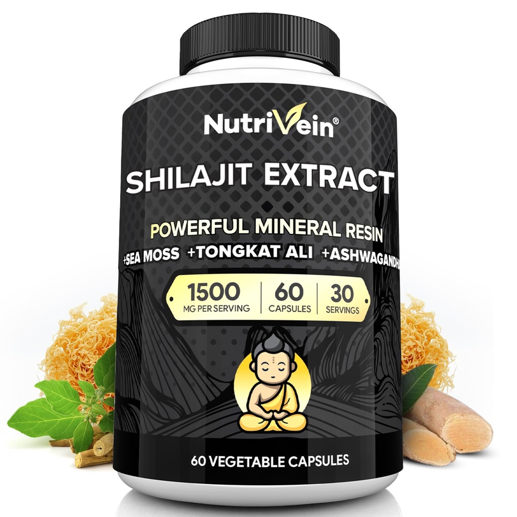 Nutrivein Premium ren Himalayan Shilajit for menn og kvinner - 1500 mg - 60 kapsler- kraftig resin ekstrakt blandet med Irish Sea Moss, Tongkat Ali, & Ashwagandha - Vitality, klarhet, og ytelse