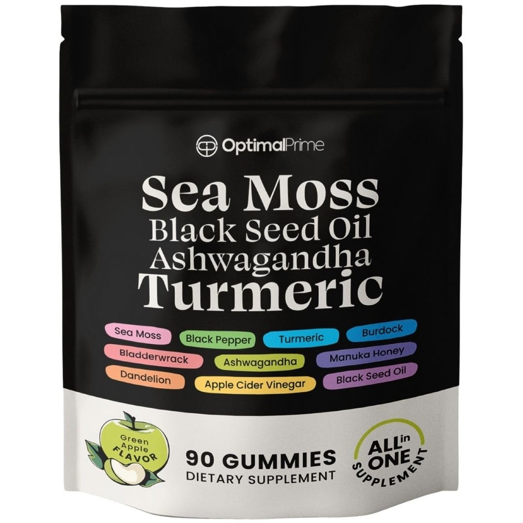 Optimal Prime Sea Moss og Svart Seed Oil Gummies, Ashwagandha, Turmeric, Manuka Honning, ACV, Dandelion, Svart Pepper, Burdock, Bladderwrack, Vegansk, 90 Gummies 45 dagers forsyning