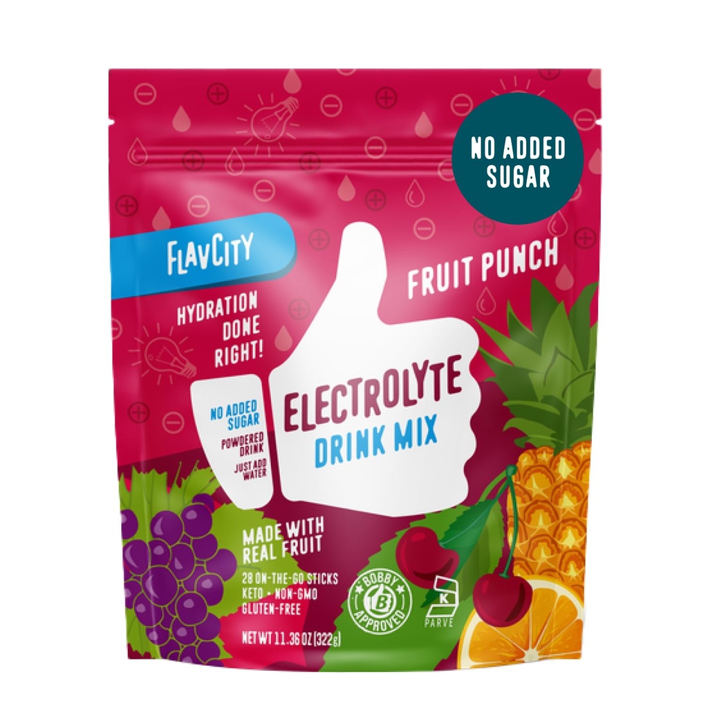FlavCity Fruit Punch Electrolytes Powder Packets - 28 Hydration Packets - Ingen tilsatt sukker - Hydration pulver med ekte frukt og uraffinert sjøsalt - keto & glutenfri (28 Stick Packs)