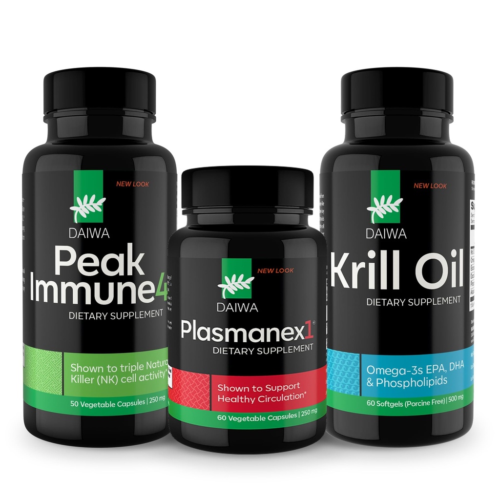 Daiwa Peak Immune 4 - Natural Immune System Booster + Plasmanex 1 - blodsirkulasjonstilskudd + krillolje - Omega 3 krill oljekapsler