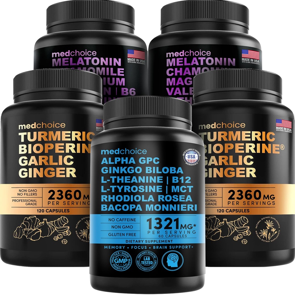 Med CHOICE Turmeric & Ginger (240ct), Sleep Melatonin (180ct) og Nootropic Brain (60ct) Supplement Bundle - Velvære Trio for hjernen, søvn og immunstøtte - Vegansk, ikke-GMO, Glutenfri