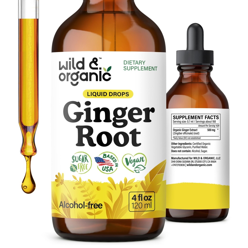 Wild & Organic Ginger Root Extract Drops - Immun & Digestive Support - flytende Ginger Supplement - Vegansk, Sukker & alkoholfri Tinktur - 4 fl oz