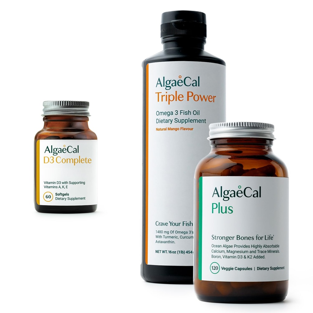 ALGAECAL Bundle - vitamin D3 Complete (1000 IE) + vitaminer K2, E & A & plantebasert kalsium for sterkere bein og fiskeolje Omega 3 1200mg EPA DHA