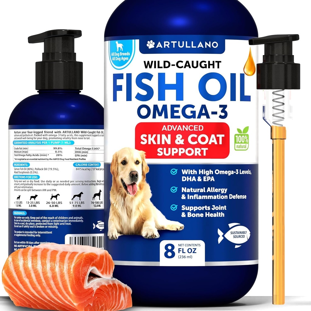 Omega 3 Fiskeolje for hunder - Bedre enn lakseolje - Hud og Coat Forsvar flytende kosttilskudd for allergi relief - høy EPA & DHA for shedding, mobilitet, kløe, felles og bein helse støtte - 8 FL OZ