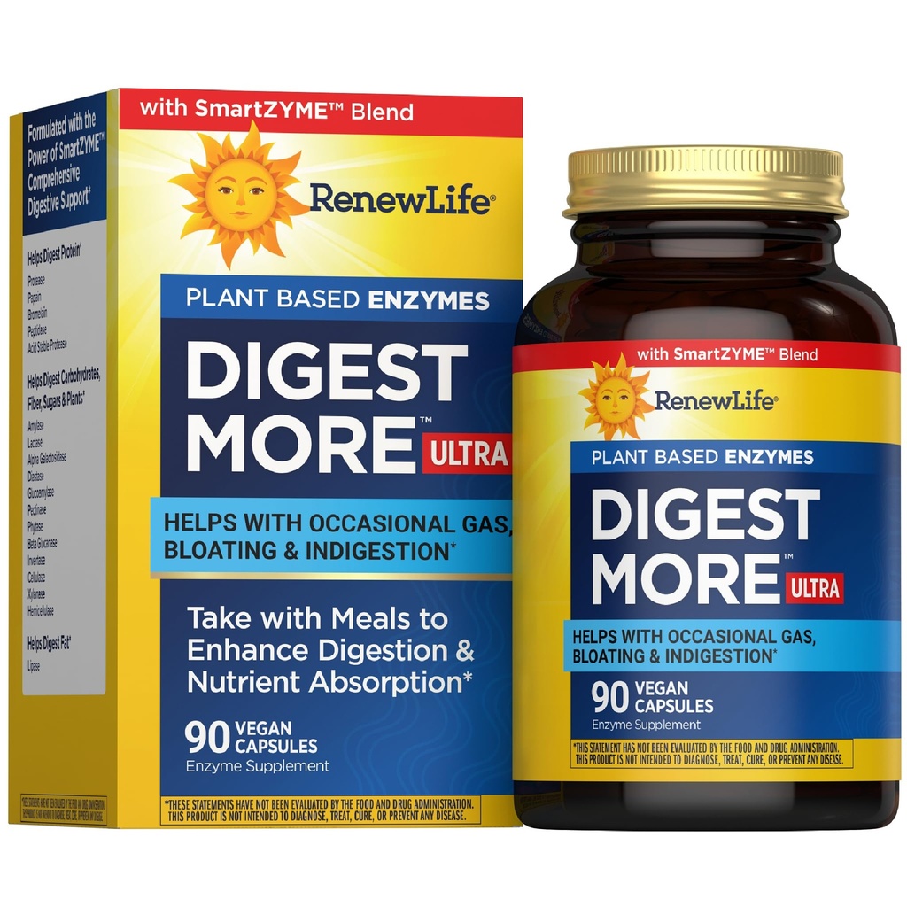 Renew Life Adult DigestMore Ultra Enzymes - Ultra-styrke Plantebasert Digestive Enzyme Formula for menn og kvinner - 90 Vegetariske kapsler