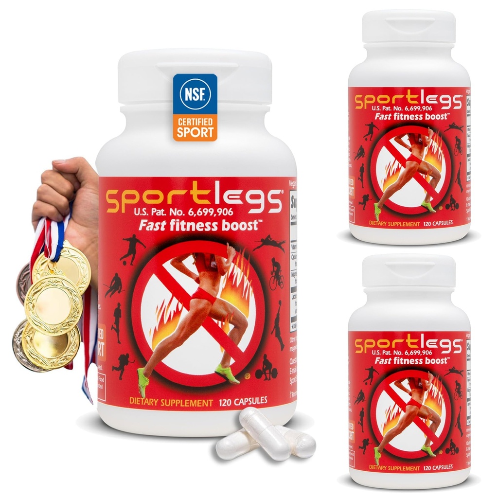 SPORTLEGS Fast Fitness Boost før trening for menn og kvinner, Lactic Acid Supplement, Sports Endurance Drivstoff, Endurance Kosttilskudd for løpere - NSF Certified for Sport, 120-kapsleflaske, Pakke med 3