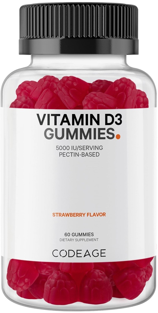 Codeage vitamin D3 Gummy vitaminer, vitamin D3 5000 IU Gummies Cholecalciferol 125 mhg - 2-måneders forsyning - myk pektin-basert, dyr gelatin-fri vitaminer Gummy, Jordbær, Glutenfri - 60 gummier