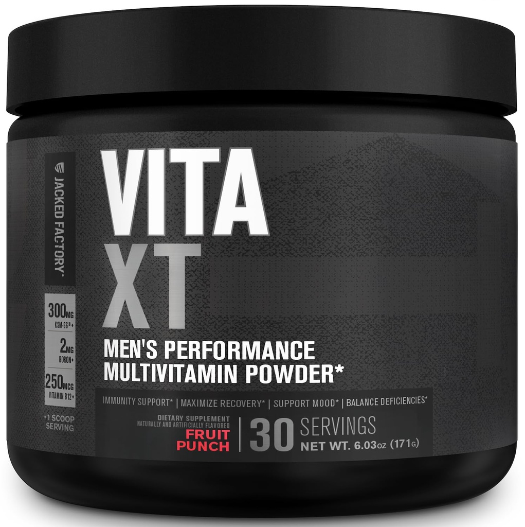 Jacked Factory Vita XT Performance Vitamin pulver - Daily Multivitamin pulver for menn med KSM-66 Ashwagandha, Prebiotiske Fiber, Vitamin A, C, D, K, B6, B12, og mer - Fruit Punch, 30Sv