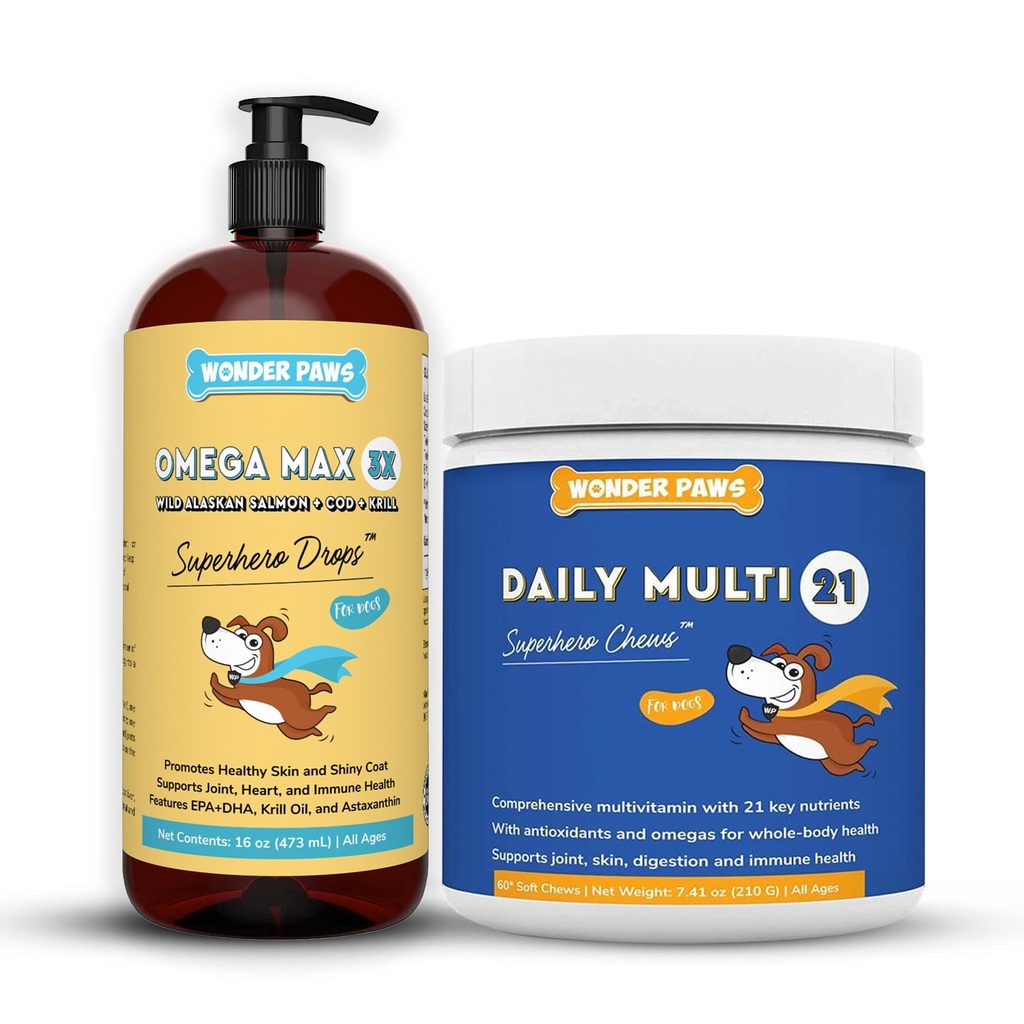 WONDER PAWS Omega Max Fish Oil Plus daglig multivitamin Chews - for hund felles helse, hudbevegelse, immunsystem støtte og daglig velvære - Omega Max 16 ovner - Multivitamin 60 Chews