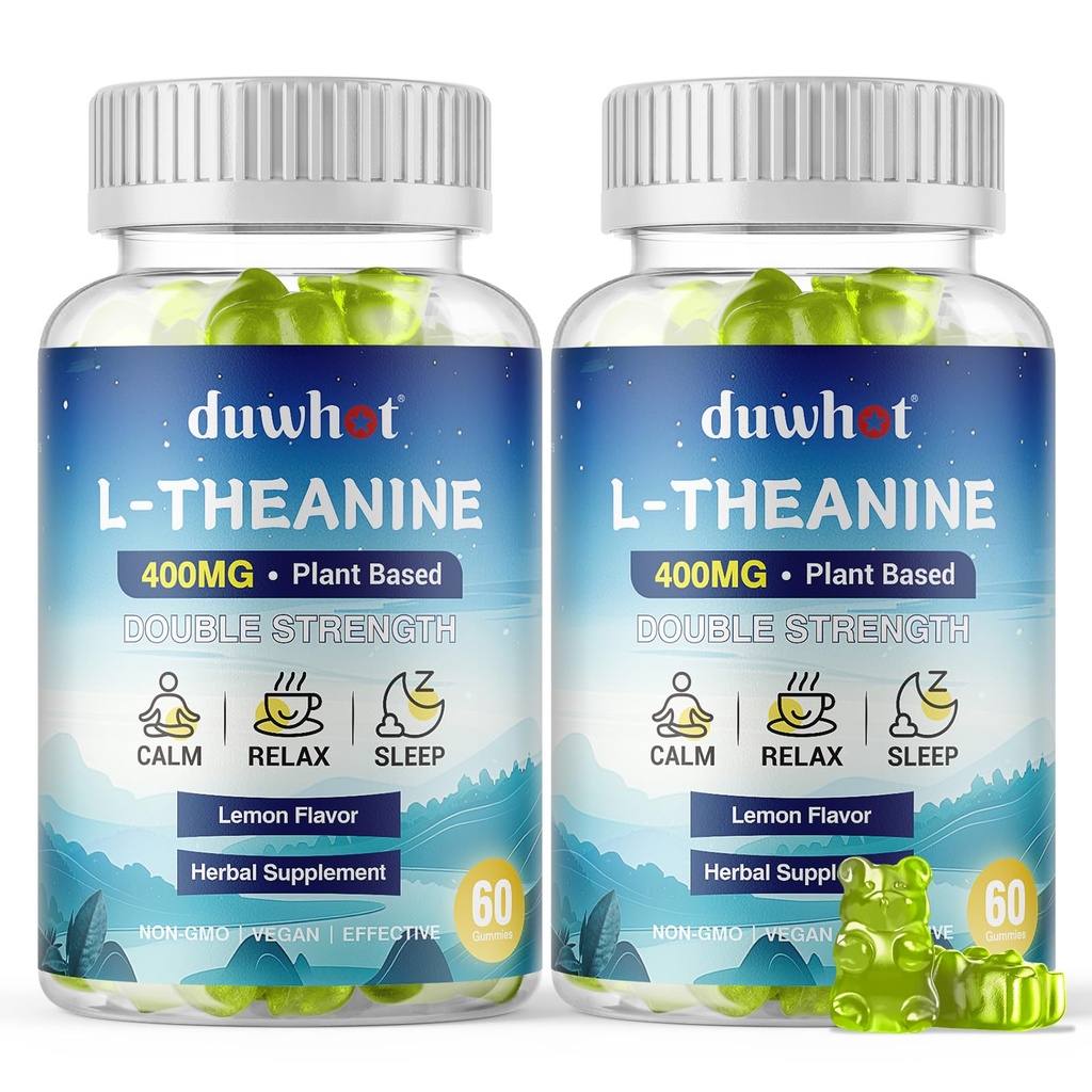 L-Theanine Gummies 400mg, Chewable Teanine Supplement for voksne og barn 4+, Naturlig Stress Relief, zzZ & Focus Supplement, Vegansk, Lav Sukker, Ikke-Drowsy, Lemon Flavor, 120 Chewables