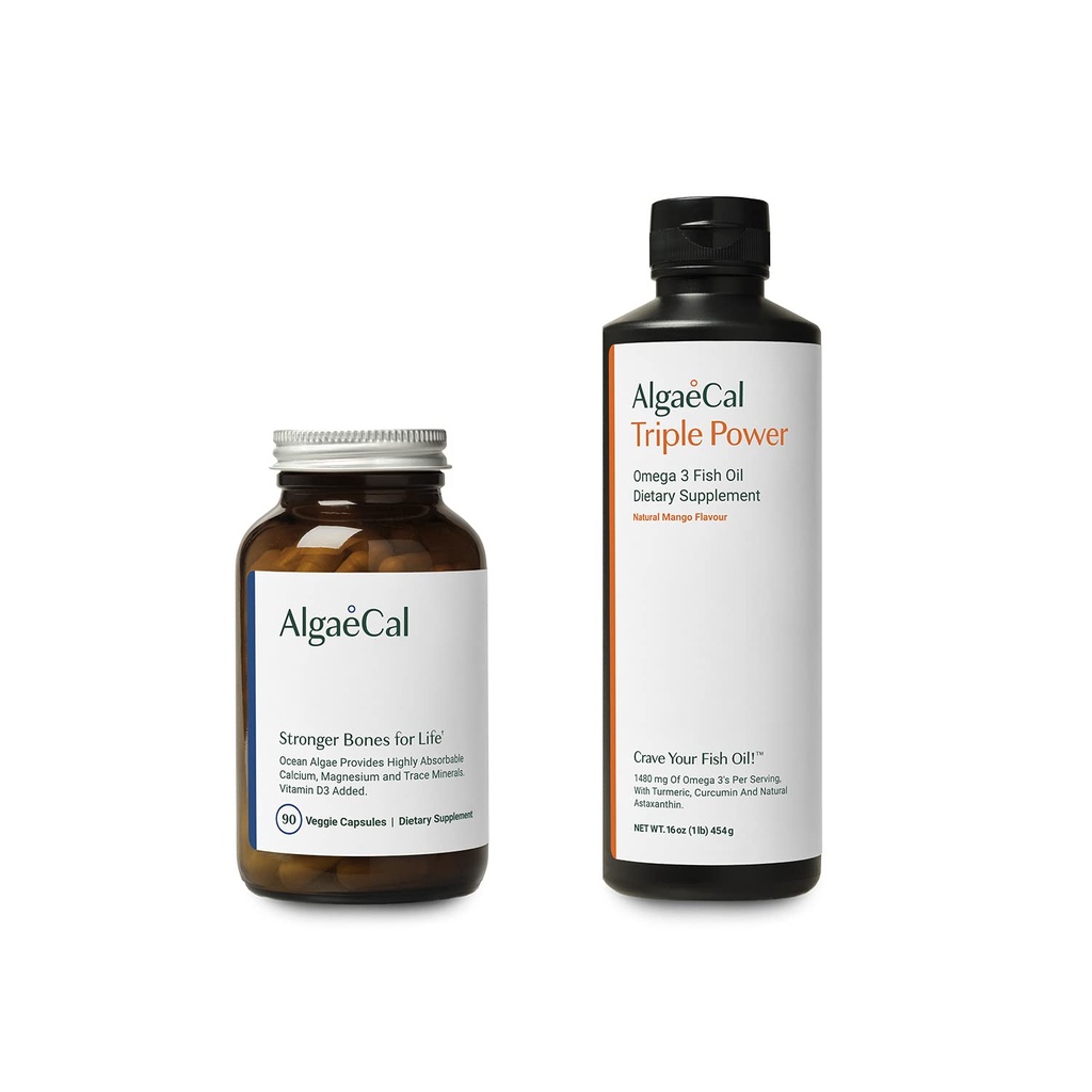 AlgaeCal Bundle - Plantebasert kalsium Supplement med vitamin D3 for bein helse og styrke og trippelkraft Omega-3 fiskeolje naturlig flytende emulsjon med EPA & DHA, Curcumin, Astaxanthin