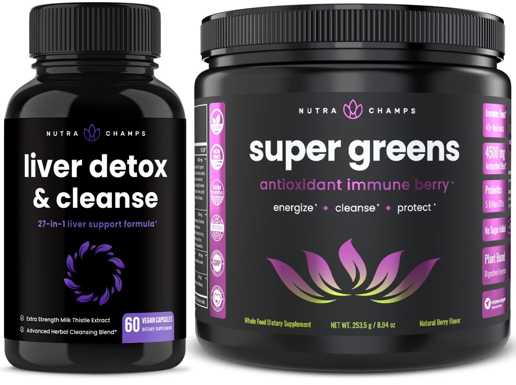 NutraChamps Liver Cleanse Detox Kapsler og Super Greens Antioksidant Superfood pulver Bundle