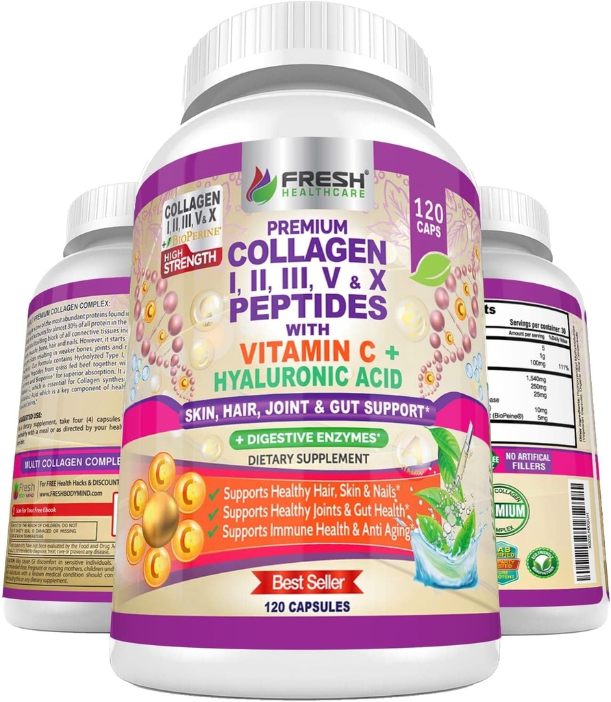 FRESH HealthyCARE Multi Collage piller med type I, II, III, V & X Peptider med vitamin C, Hyaluronsyre - støtter sunnt hår, hud, negler og ledd - 120 Kosher Kapsler