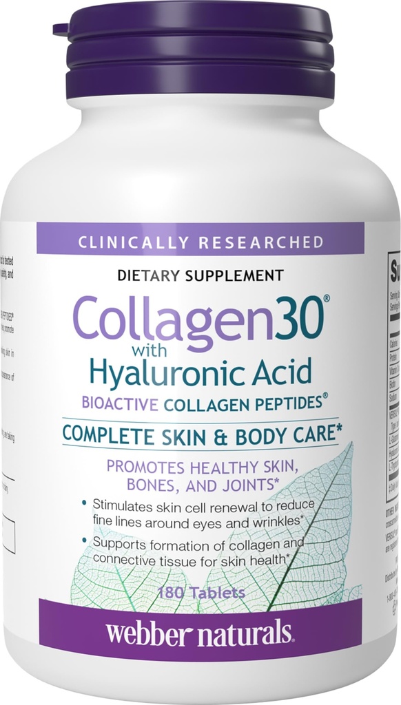 Webber Naturals Collage30 med hyaluronsyre, Bioaktive kollagenpeptider, 180 tabletter, bidrar til å redusere øyenbryn og fin ansiktslinje, ikke GMO
