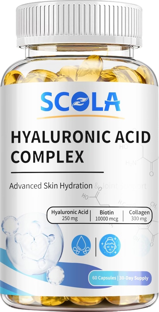 SCOLA Hyaluronsyrekapsler - 250 mg HA + 10.000mcg Biotin, 60 veganske kapsler | Deep Hydration, hår og negle støtte | Ikke-GMO Formel