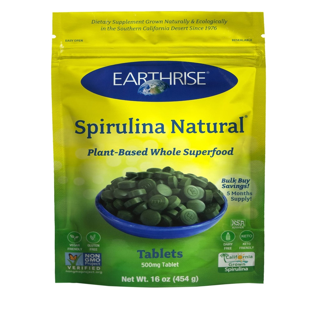Jordrise Spirulina, ren Californian Spirulina 500 mg, Vegansk, Glutenfri, Ketovennlig, Ikke -GMO Super Mat høy i vitaminer og mineraler., 1 LB Tabletter (150 Servering)