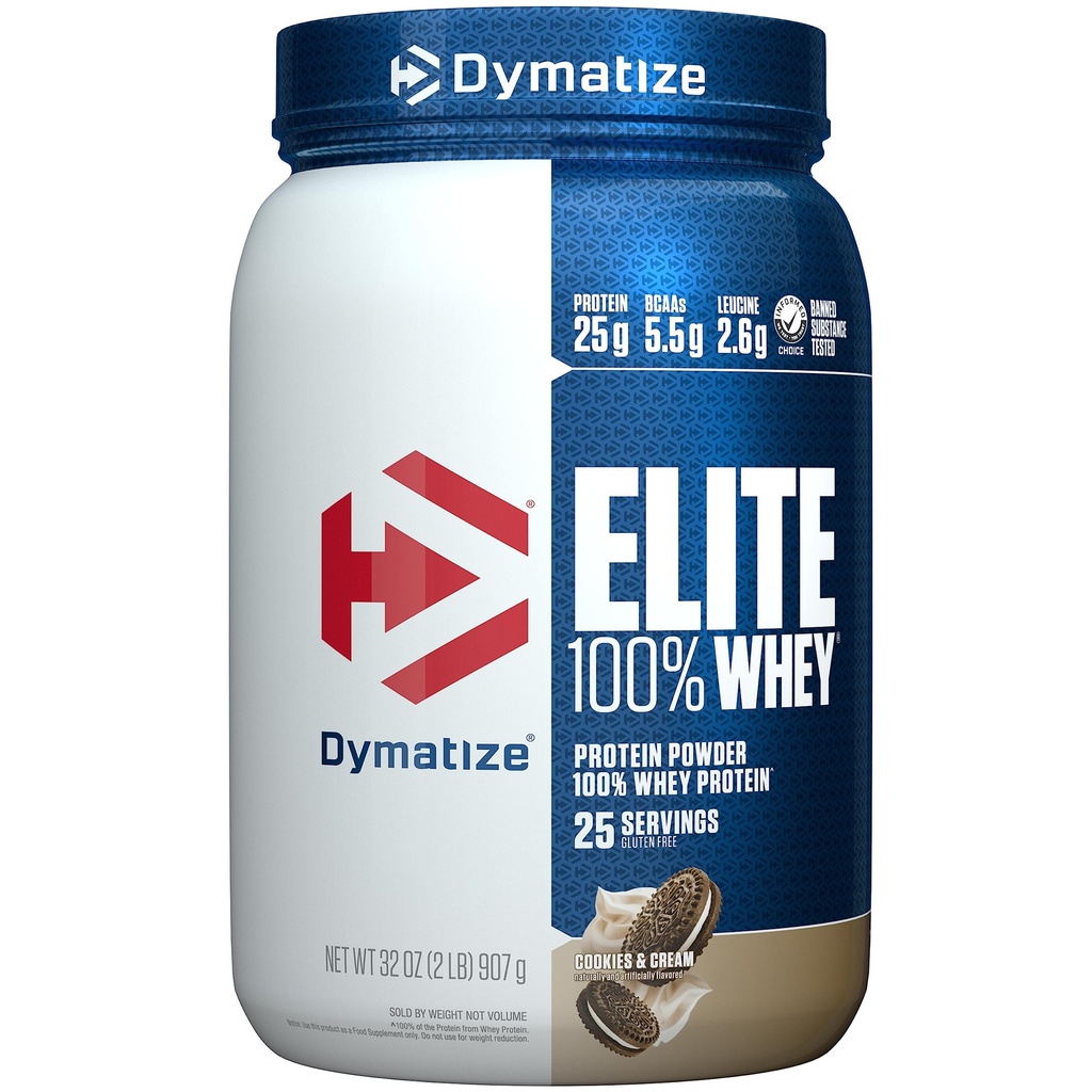 Dymatize Elite 100% Whey Protein pulver, informasjonskapsler og krem, 25 g protein, 5,5 g BCAA, mindre enn 140 kal., Glutenfri, 3g karbohydrat, 2g sukker, 3g fett (25 serveringer)