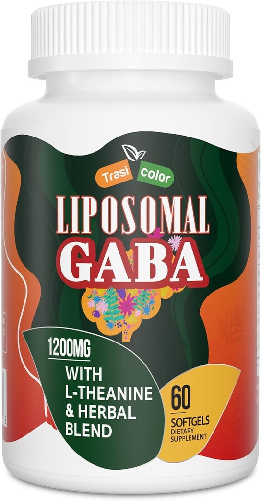 Liposomal GABA med L-Theanine kosttilskudd 1200 mg - høy absorpsjon GABA kompleks med Ashwagandha, Kamille, Tart Cherry Herbal kosttilskudd for menn og kvinner, 60 Softgels