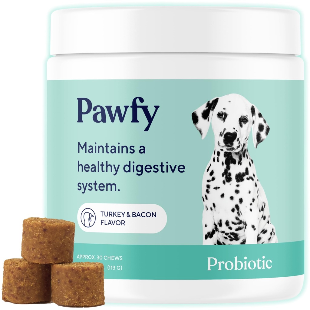 Pawfy Probiotika for hunder | Støtter Digestiv Helse, Diarrea for små, store hunder | Forbedrer Gut helse | Anti Yeast Kosttilskudd | Hud Helsesesong Allergier Støtte - 30 Chews (Bacon)