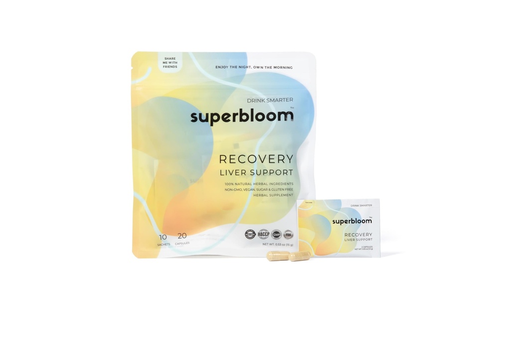 superbloom Recovery Liver Support | Liver Detox med DHM, Turmeric, Melke Thistle | 10 Sachets, 20 Kapsler | Nyt natten, egen morgen