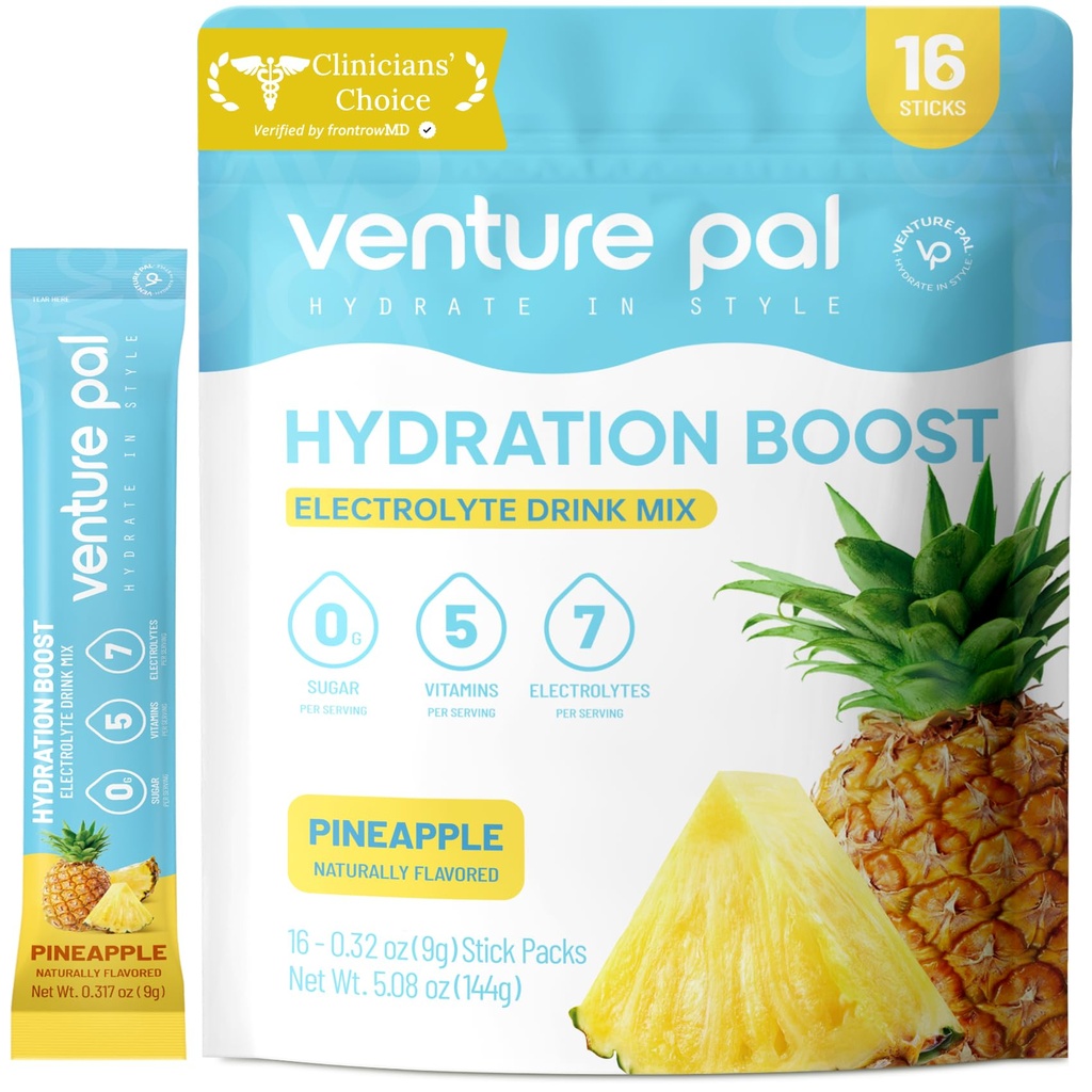 Venture Pal Sukker Gratis Elektrolyte pulver pakker - flytende daglig IV drikke blanding for rask hydrasjon og fest utvinning | 5 vitaminer og 7 elektrolyter | keto vennlig | Ikke-GMO | Certified Vegansk | 16 Sticks