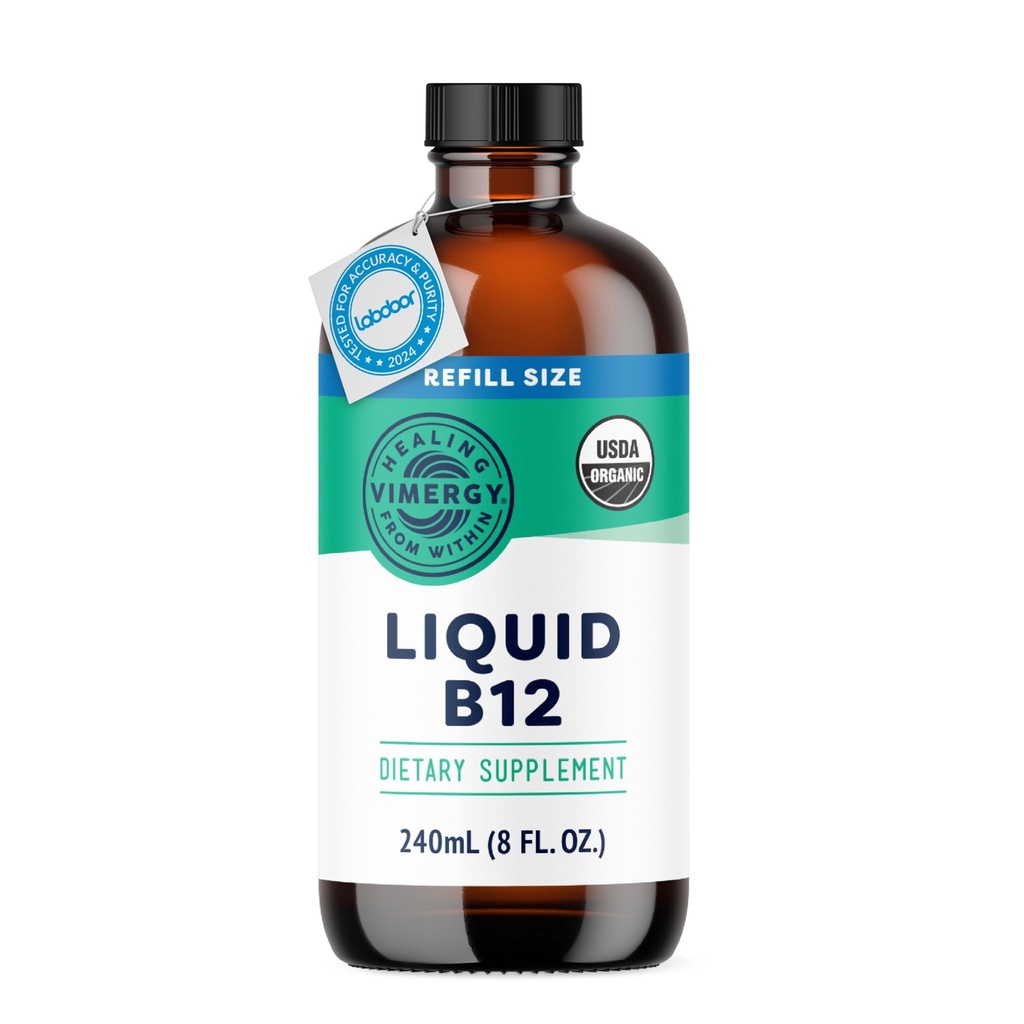 Vimergy Liquid B12 Refill – raskabsorberende hjernestøtte – energistøttetilskudd – USDA-sertifisert organisk, vegansk, ikke-GMO – 240 Serveringer (240 ml)