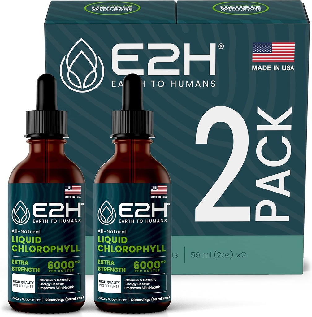 E2H Klorofyll flytende dråper - energiforsterkning, Digestion, immunsystemstøtte og intern deodorant - Vegan - Glutenfri - Ikke-GMO - (2 flasker)