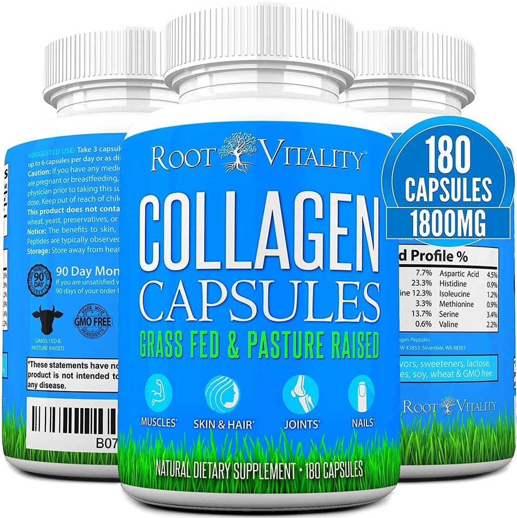 Root Vitality Collage Peptides Capsules - Grass-Fed, Pastur-Raised Hydrolysert Protein Supplement for hud, hår, & negler - Ikke-GMO, Null sukker daglig piller for menn og kvinner (180 kapsler)