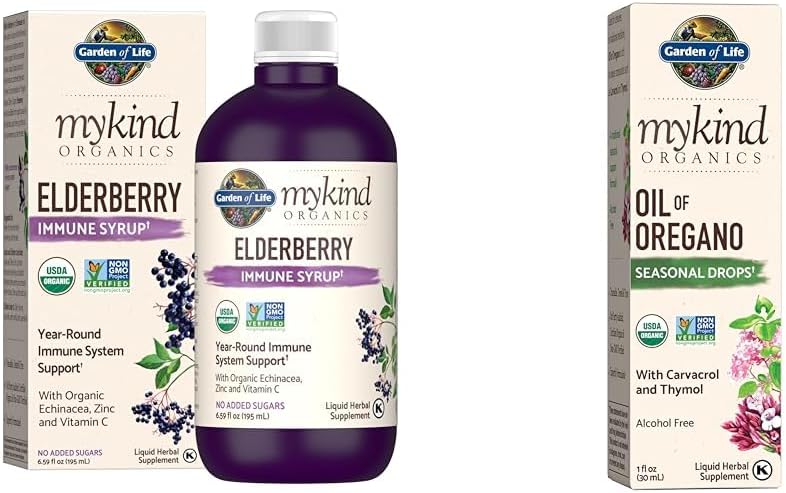 Hage of Life Organics Plant-baserte Elderbær Immun Syrup 6.59 fl oz & Organics Olje av Oregano Seasonal Drops 1fl oz (30 ml) Flytende