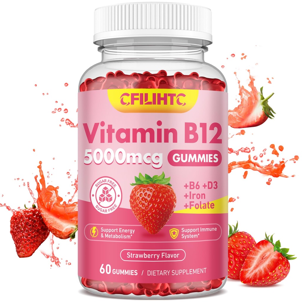 Vitamin B12 Gummies for kvinner og menn, 5000mcg Metyl B12 Gummies med vitamin B6, D3, jern, Folat for voksne, støtter energi og metabolisme Boost, Mood, immun- og nervesystemet, sukkerfri jordbær