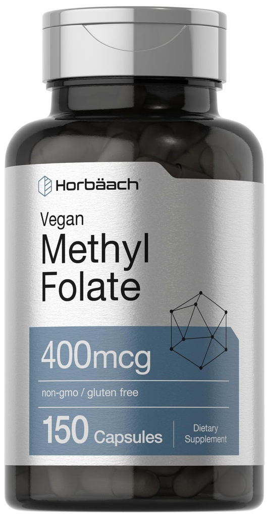 Horbäach Metyl Folat 400 mcg | 150 Vegan Capsules | Ikke-GMO, Glutenfri | Kosttilskudd
