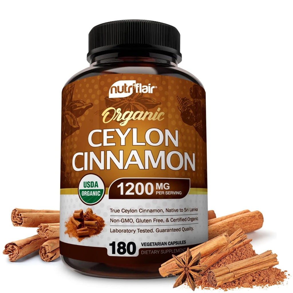 NutriFlair Organic Ceylon Cinnamon (100% Certified Organic Ceylon Cinnamon) 1200 mg per servering, 180 kapsler - Joints, Inflammatory, Antioksidant