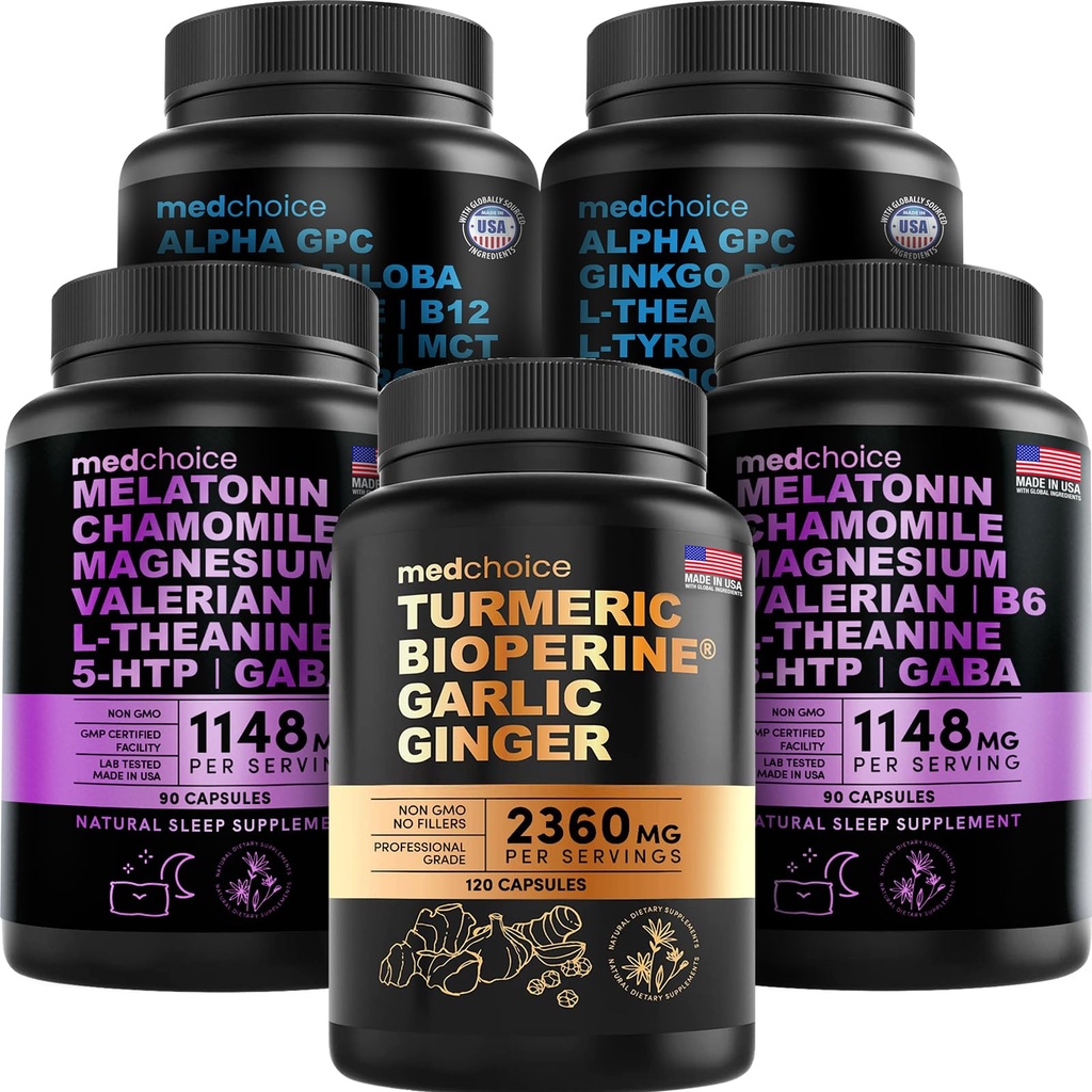 MEDCOICE Turmeric & Ginger (120ct), Sleep Melatonin (180ct) og Nootropic Brain (120ct) Supplement Bundle - Velvære Trio for hjernen, søvn, og immunstøtte - Vegansk, ikke-GMO, Glutenfri