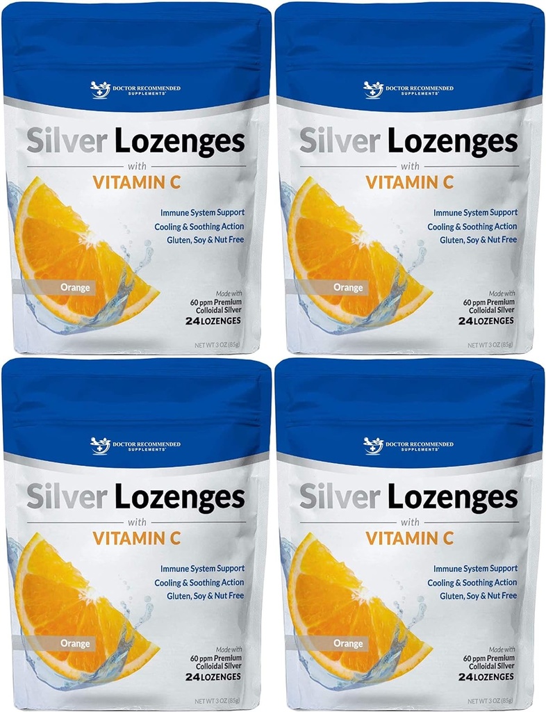 Sølv Lozenger med vitamin C - Premium Nano Silver 60 PPM Colloidal sølv, økologisk honning og vitamin C Mineral Supplement dropper for å støtte immunsystem, Soothe Cough & Throat - Pakke med 4