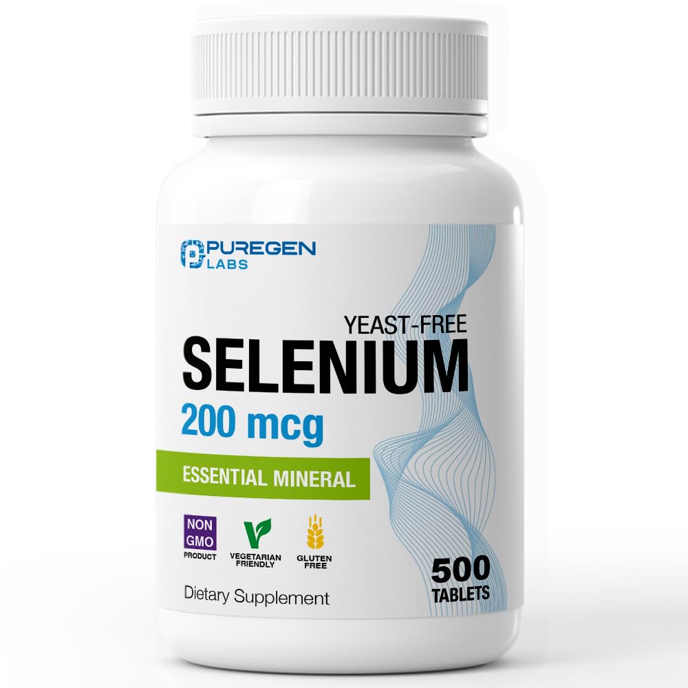 Puregen Labs Selen 200 mcg Yeast Gratis Essential Mineral - 500 vegetariske tabletter | Immun & Antioksidant Støtte | Ikke-GMO, Glutenfri, laget i USA
