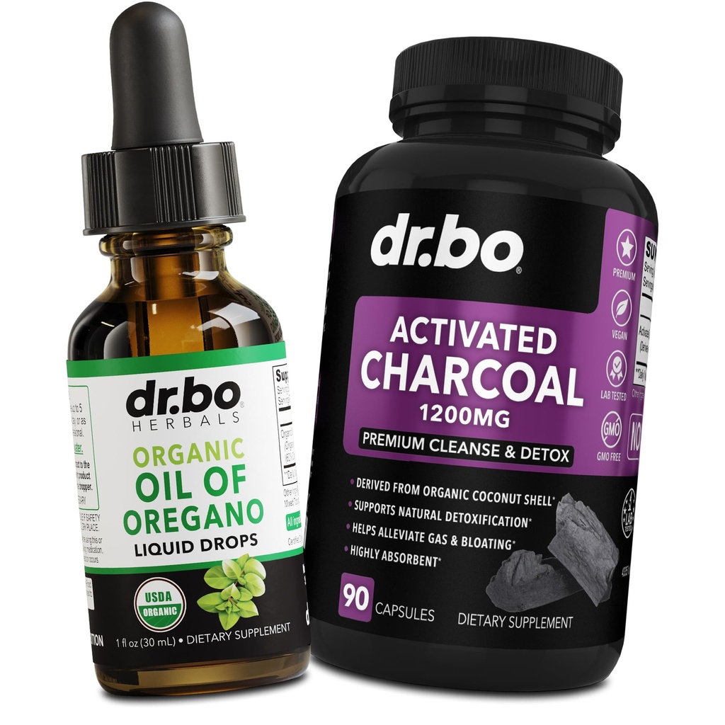 Oregano olje organiske flytende dråper & Charcoal kapsler - olje av Oregano faller tinktur ekstrakt & Charcoal piller for magen gass rengjøring Detox immunstøtte, Digestive Binder - organisk